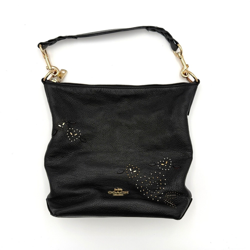 Coach Lexy Black Pebbled Leather Studded Floral Shoulder Bag F46287 Gold Hardwar